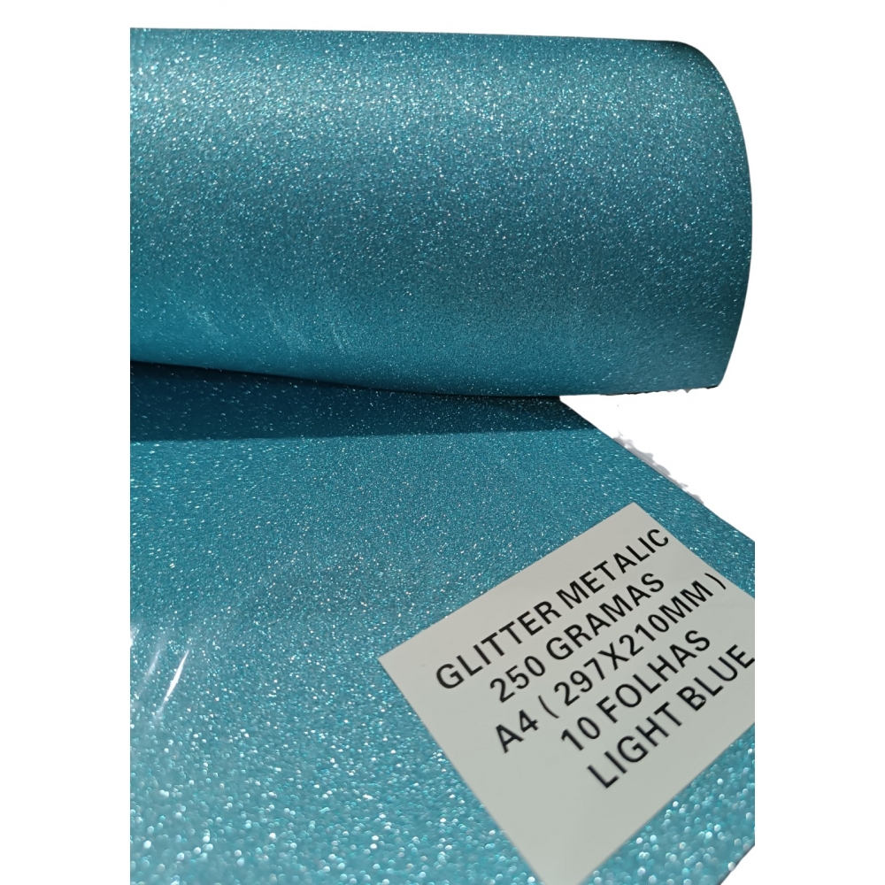 Papel Glitter Metálico A4 - 250g - Azul Claro - 10 Folhas