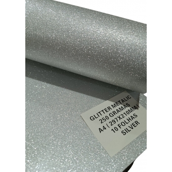 Papel Glitter Metálico A4 - 150g - Prata - 10 Folhas